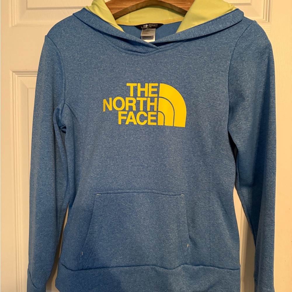 The North Face Blue Hoodie with Yellow Logo